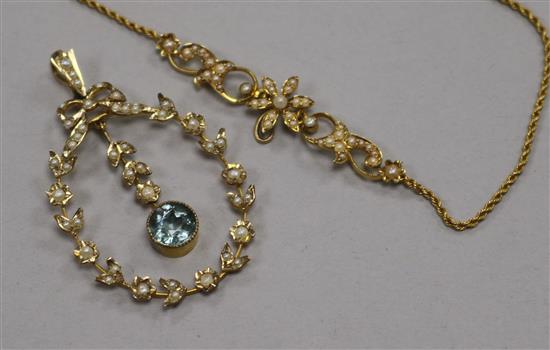 An Edwardian 9ct gold, split pearl and gem set drop pendant and a yellow metal and seed pearl necklace (lacking drop).